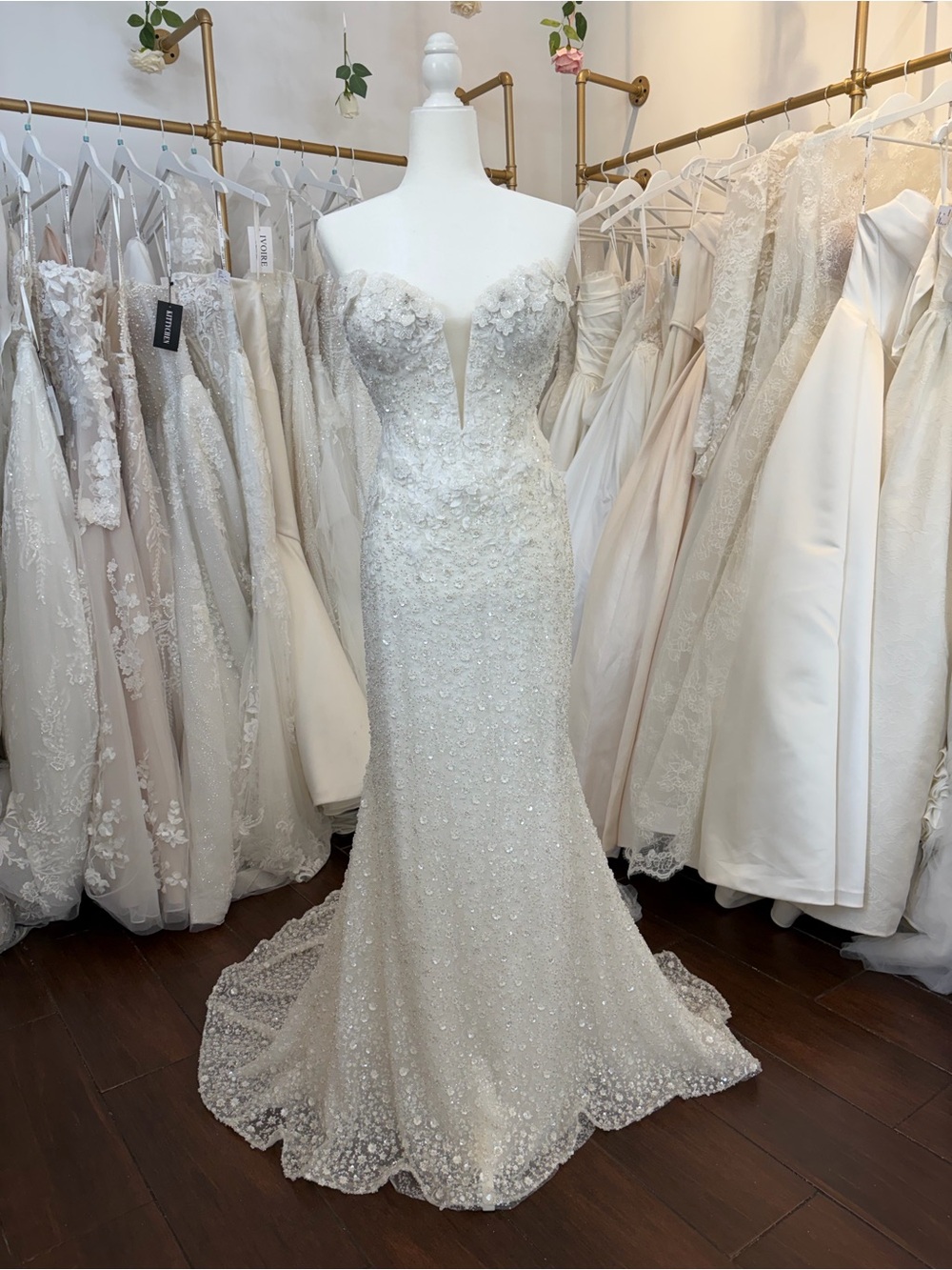 Pronovias Ivory Beaded Strapless Mermaid Wedding Dress